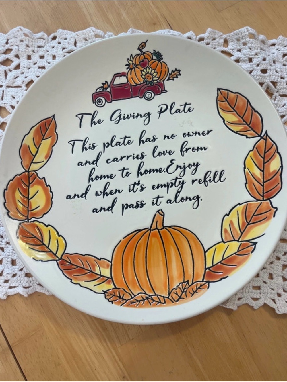 Global Desi White Ceramic Giving Plate with Orange Pumpkin & Red Truck